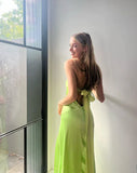 Green Fashion Elegant Spaghetti Strap Long Satin Tulle Ball Gown Evening Dress Wedding Guest Party Dress Prom Dress HZ1023