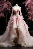 Pink Gorgeous Exquisite Floral A-line Long Tulle Long Sleeve Ball Gown Prom Dress Evening Dress Wedding Dress HZ1023