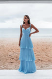 Blue simple fashion elegant V-neck layered chiffon charming long backless ball gown evening dress party dress HZ1023