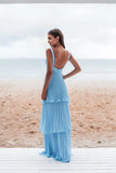 Blue simple fashion elegant V-neck layered chiffon charming long backless ball gown evening dress party dress HZ1023