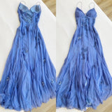 Blue Vintage Elegant V Neck Exquisite Embroidery Applique Beading Long Chiffon prom dress Evening Gown Party Dress HZ1023