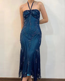 Dark Blue Fairy Mermaid Beaded Long Chiffon Formal Prom Evening Dress Wedding Guest Party Gown Dress Greek Halter Neck HZ1023
