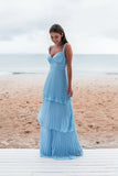 Blue simple fashion elegant V-neck layered chiffon charming long backless ball gown evening dress party dress HZ1023
