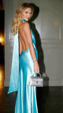 Blue Exquisite Sexy Backless Sleeveless Long Satin Floor Length Ball Gown Evening Dress Birthday Party Dress HZ1023