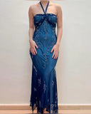 Dark Blue Fairy Mermaid Beaded Long Chiffon Formal Prom Evening Dress Wedding Guest Party Gown Dress Greek Halter Neck HZ1023