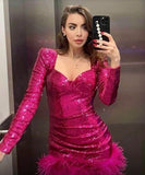 Pink Sparkling Sweetheart Neck Sequin Long Sleeve Short Prom Dress Evening Dress Party Dress Homecoming Dress HZ1023