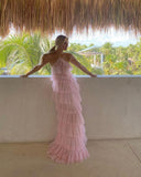 Pink Sweet Backless Long Tulle Ball Gown Evening Dress Party Dress HZ1023