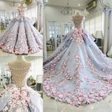 Pink Gorgeous Exquisite Floral Applique Long Tulle Ball Gown Evening Gown Wedding Dress HZ1023