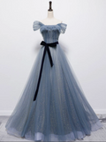 Bule tulle long A line prom dress blue evening dress HZ1023