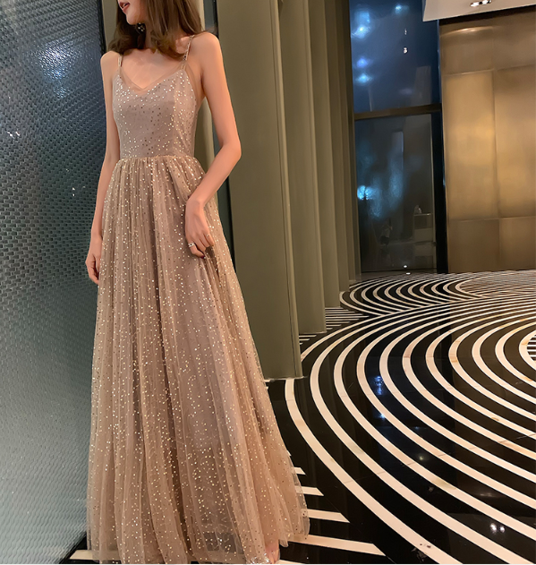 A line v neck tulle long prom dress evening dress HZ1023