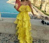 Yellow Unique Elegant Strapless Long Lace Layered Ball Gown Evening Dress HZ1023
