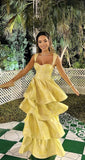 Yellow sweet elegant sleeveless ruffle floor length long tiered ball gown evening dress birthday party dress HZ1023