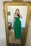 Green Spaghetti Straps Layered Long Prom Dress HZ1023