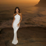 White fashion cross strap elegant simple long satin floor-length mermaid ball gown evening dress HZ1023