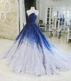 Blue Shiny Elegant V-Neck Applique Gradient Long Ball Gown Prom Dress Evening Dress Adult Ceremony Dress HZ1023