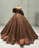 Brown Gorgeous Exquisite Beaded Elegant Long satin Ball Gown Evening Dress HZ1023