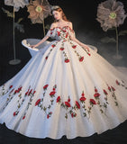 White gorgeous delicate rose applique long A-line tulle ball gown evening gown wedding dress HZ1023