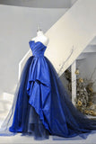 Blue off-the-shoulder A-line satin tulle long party dress prom gown evening gown HZ1023