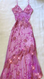 Pink Fashion Exquisite Beaded Spaghetti Strap A-Line Lace Floor Length Elegant Ball Gown Evening Dress HZ1023