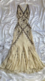 Cream color beige V neck exquisite elegant floral pattern long evening dress prom dress HZ1023
