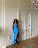 Blue simple elegant long slit satin spaghetti strap ball gown evening dress bridesmaid dress HZ1023