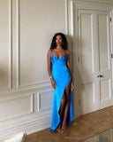 Blue simple elegant long slit satin spaghetti strap ball gown evening dress bridesmaid dress HZ1023