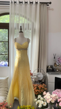 Light Yellow Gorgeous Shiny Fashion Elegant Exquisite Beaded Long Tulle Backless Fairy Ball Gown Evening Dress Birthday/Wedding Guest/Holiday Party Dress Prom Dress Valentine's Day Date Dress HZ1023