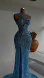 Blue gorgeous sexy sequins elegant long slit mermaid slim floor-length ball gown evening dress party dress HZ1023