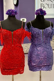 Blue/purple/black/red/white shiny elegant delicate floral beaded lace off-shoulder feather short mini homecoming dress evening gown party dress HZ1023