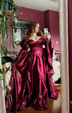 Fuchsia Vintage Elegant Sweetheart Neck Long Satin Floor Length Ball Gown Evening Dress Party Dress HZ1023