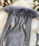 Black/white/gray autumn and winter fashion new sexy off-shoulder fashion fur collar slim hip knitted dress HZ1023