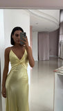 Yellow Fashion V-neck Spaghetti Straps Elegant Long Satin Back lace-up Ball Gown Evening Dress Party Dress HZ1023