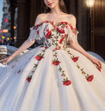 White gorgeous delicate rose applique long A-line tulle ball gown evening gown wedding dress HZ1023