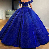 Blue gorgeous shiny sequined off-the-shoulder long ball gown evening dress HZ1023