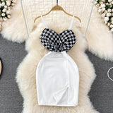 Checkerboard contrast color split buttock dress HZ1023