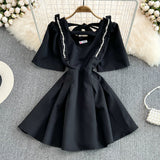 Temperament diamond studded bubble sleeves, slim waist, short A-line dress HZ1023
