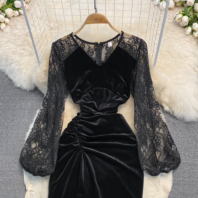 Black V Neck Velvet Dress Long Sleeve Dress HZ1023