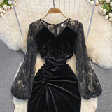 Black V Neck Velvet Dress Long Sleeve Dress HZ1023