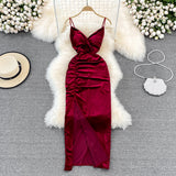 Slim open back split gold velvet dress suspender dress HZ1023