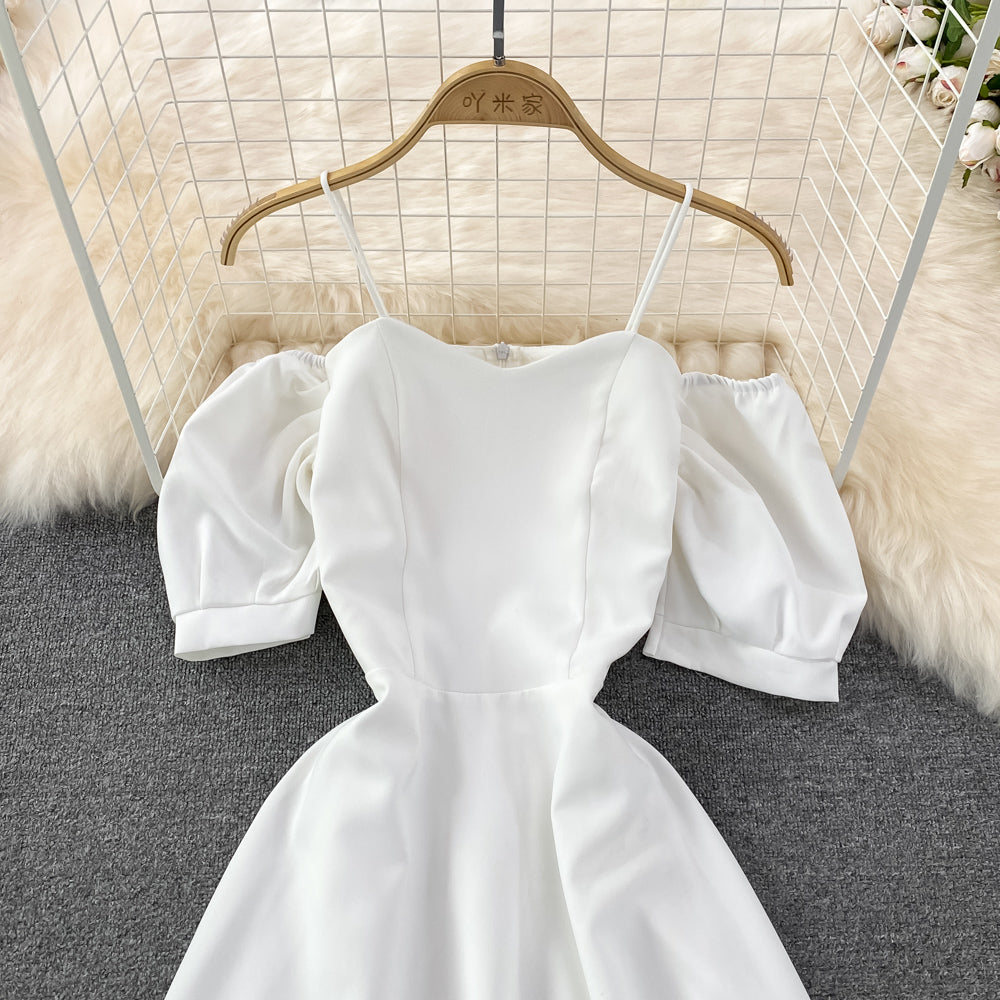 Narrow waist and thin bubble sleeve suspender dress HZ1023