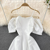 Narrow waist and thin bubble sleeve suspender dress HZ1023