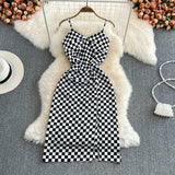 Fashion sleeveless backless split V-neck checkerboard dress HZ1023