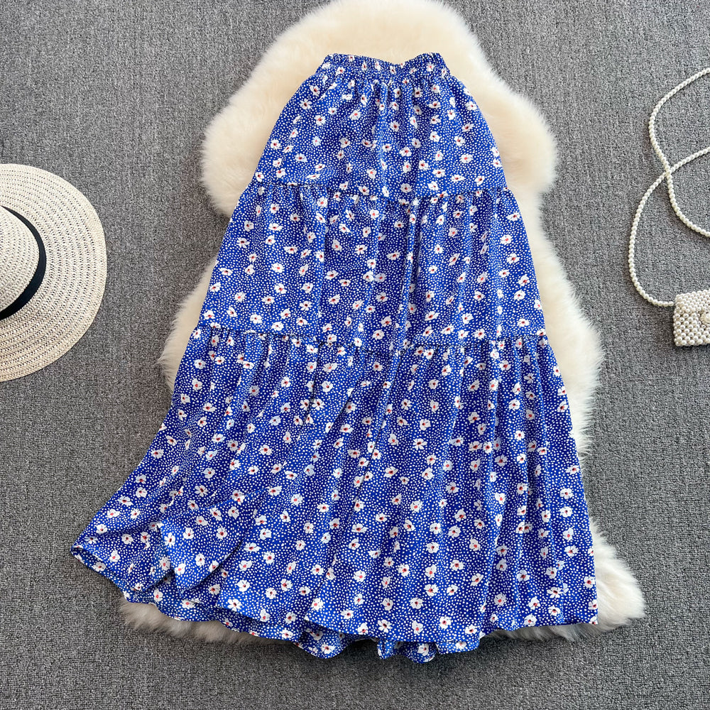 New style high waist thin, medium and Long Ruffle floral skirt HZ1023