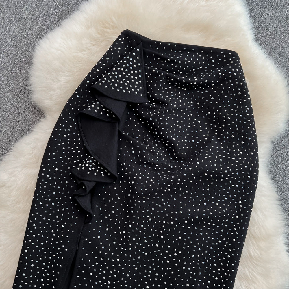 High waist slim diamond ruffled irregular A-line skirt HZ1023