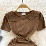 Spice Girl round neck chest hollowed out elastic tight drawstring short Hip Wrap Dress HZ1023