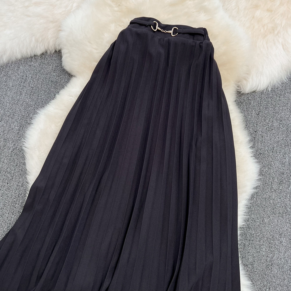 Versatile A-line pleated skirt, elastic waist, medium length, over Knee Skirt HZ1023