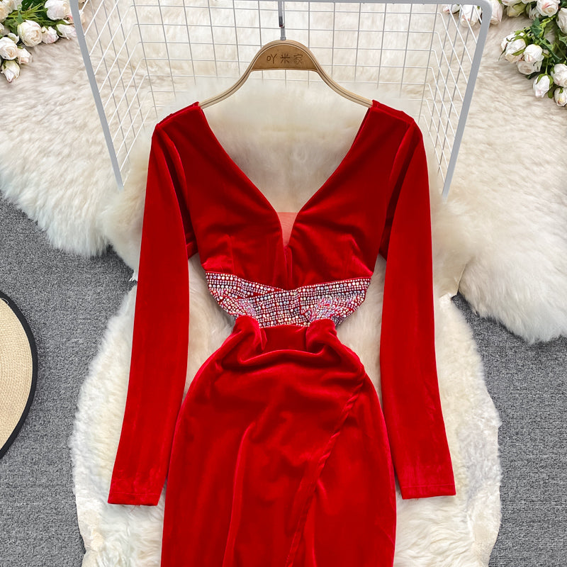 Sexy V Neck Velvet Beads Dress Fashion Dress HZ1023