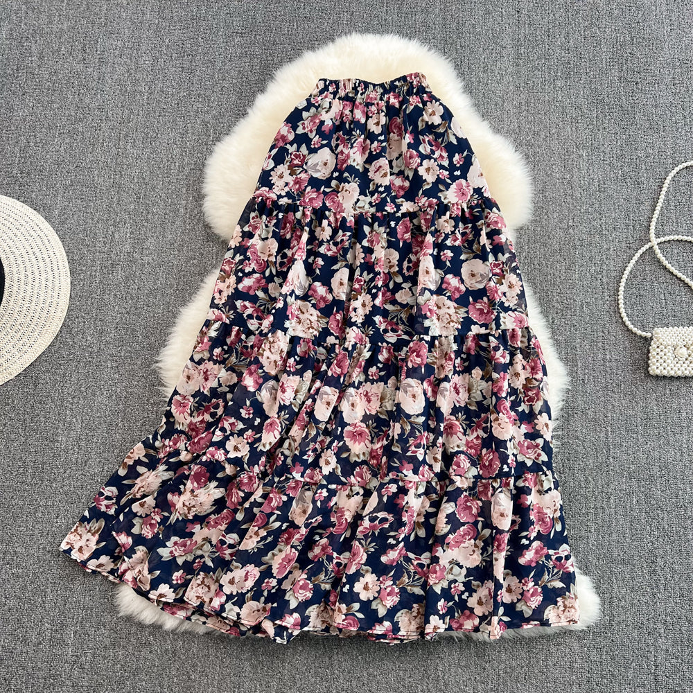 Small fresh high waist thin medium long floral skirt HZ1023