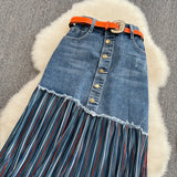 Pleated stitched denim skirt, irregular medium length A-line skirt HZ1023