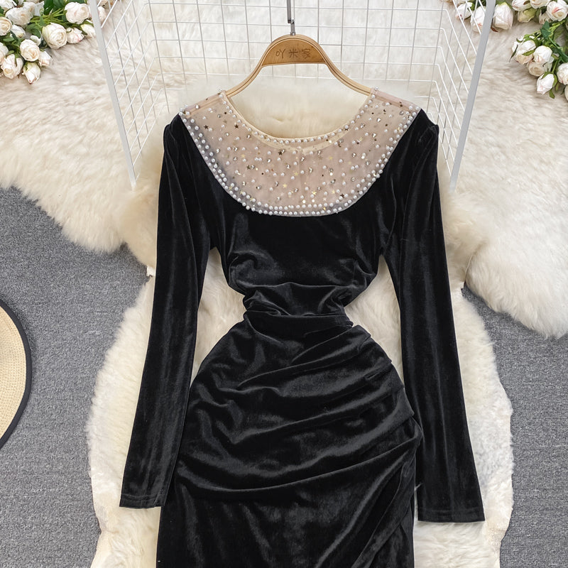 Black Velvet Long Sleeve Dress Fashion Dress HZ1023